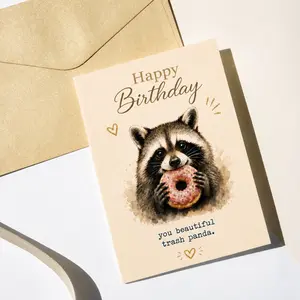 Funny Father Gift Greeting Card, Dad Birthday Card with Raccoon Donut Art, Personalized Pun Card for Animal Loving Dad