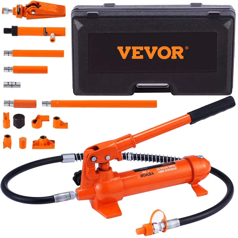 VEVOR Heavy Duty 4-Ton Max Porta Power Full Kit, 8800 LBS Portable Hydraulic Ram with Pump, 3.9ft/1.2m Oil Hose, Industrial 1/2-Ton Car Body Frame Repair Kit with 4pcs Extension Tubes, Leak-Proof TPU, Rust-Resist Coat, Storage Case for Cars, Trucks