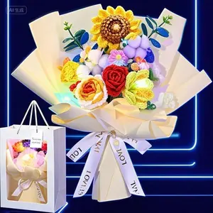 Handmade Knitted Floral Bouquet with LED Lights - Graduation Gift for Women - Rose Tulips Sunflower Arrangement - Valentine Birthday Wedding Decor - Reusable Home Decoration Decorative Fruit Plants Cotton Crochet Eucalyptus
