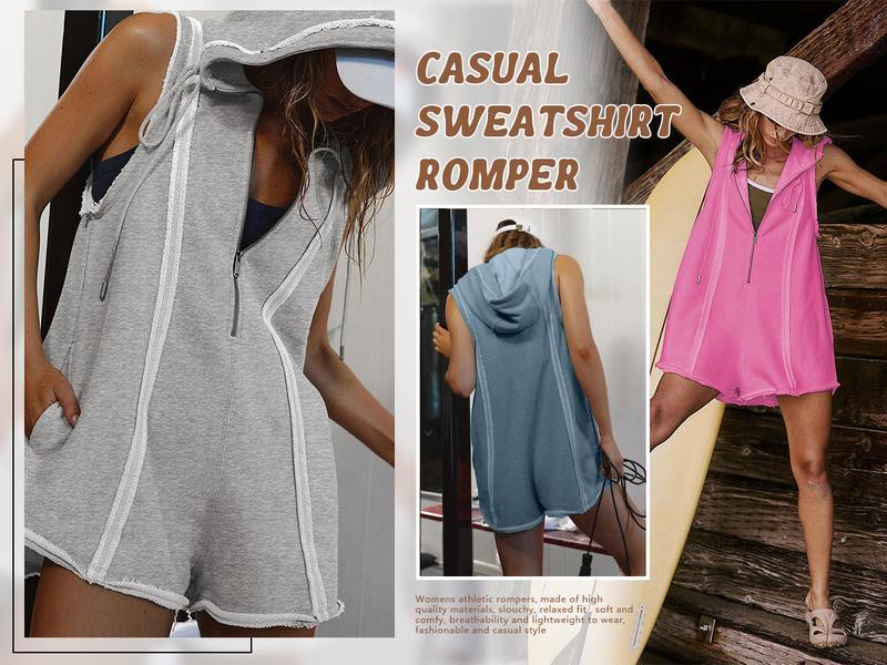 Mundoven Womenswear Knit Rompers for Women Athletic Workout Hooded Romper Casual Zip-Front Neck Jumpsuits Overalls with Pockets Mundoven Womenswear Knit Rompers for Women Athletic Workout Hooded Romper Casual Zip-Front Neck Jumpsuits Overalls with Pockets