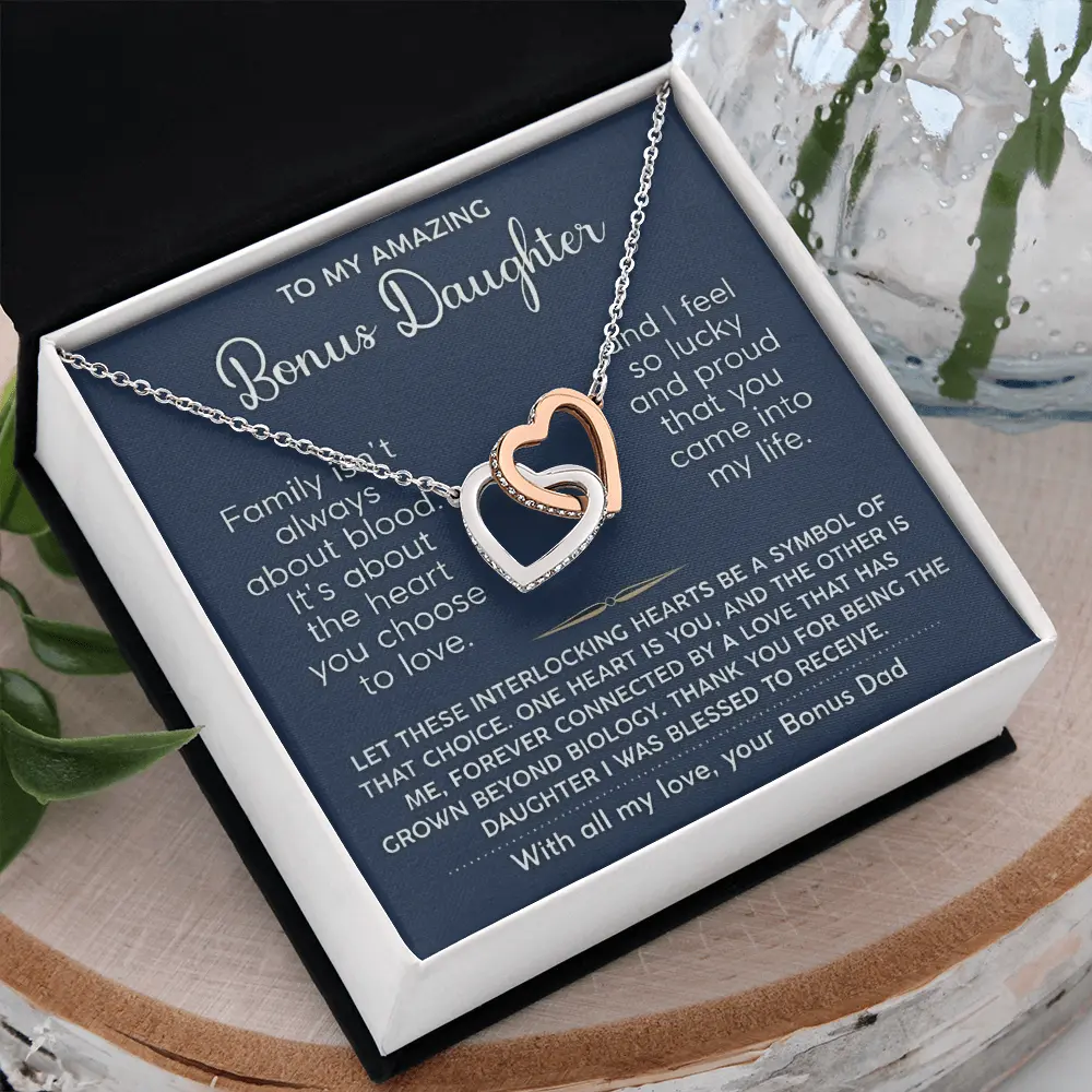 To My Amazing Bonus Daughter Interlocking Hearts Necklace, Stepdaughter Gift from Bonus Dad, Meaningful Family Jewelry with Message Card Box