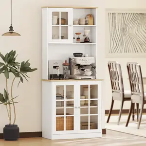 72" Freestanding Kitchen Pantry Storage Cabinet with Hutch, Large Countertop, Glass Doors and Adjustable Shelves for Dining Room, White