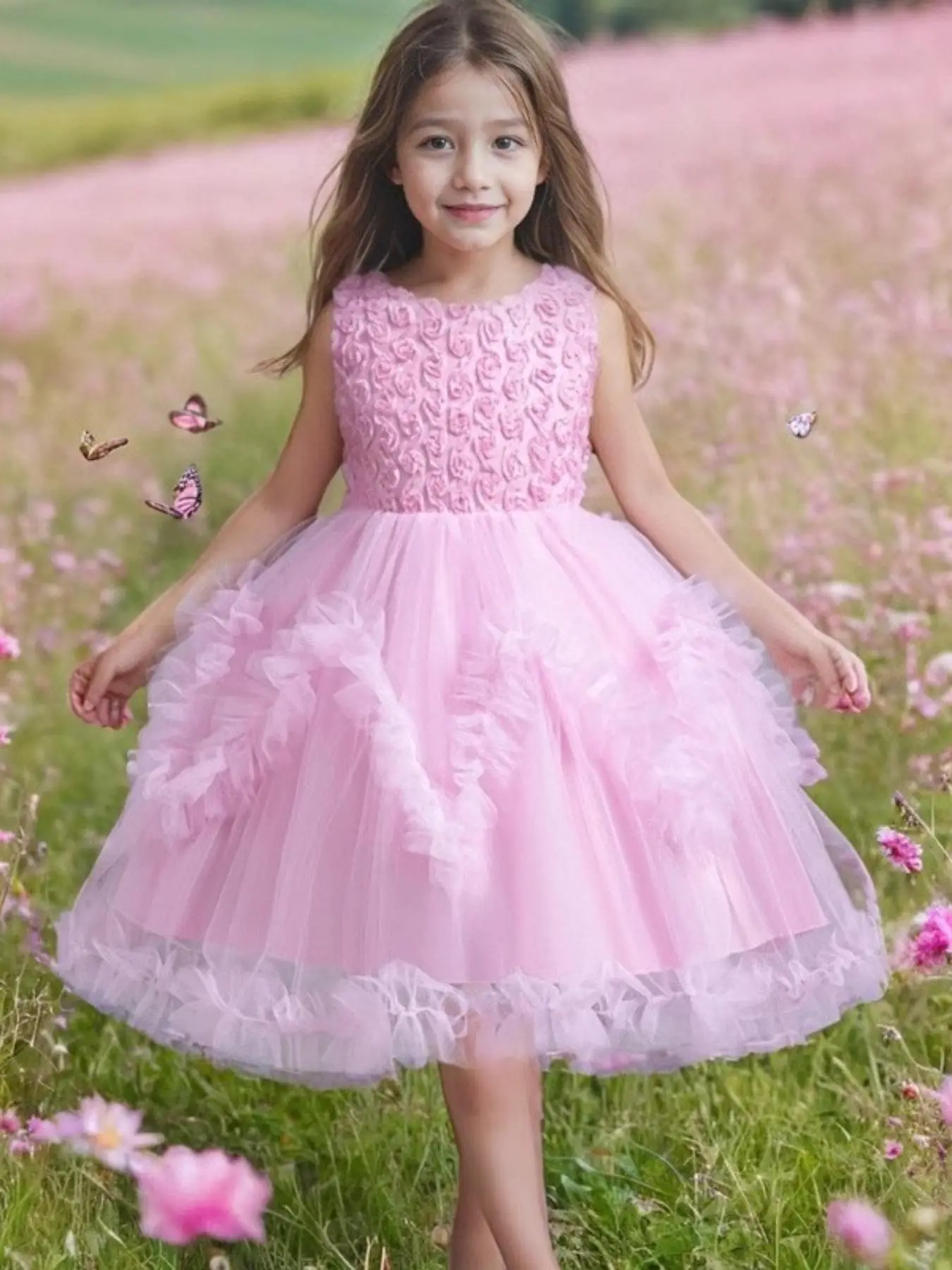 Girl's Flower Decor Bow Back Frill Trim Tulle Formal Dress, Elegant Sleeveless Zipper Back Fit & Flare Dress for Party Performance, Kids Clothes for A