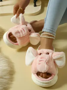 Women's Cute Elephant Design Plush Slippers, Casual Soft Comfortable Home Slippers, Warm Slippers for Indoor & Outdoor Use for Fall & Winter, Footwear