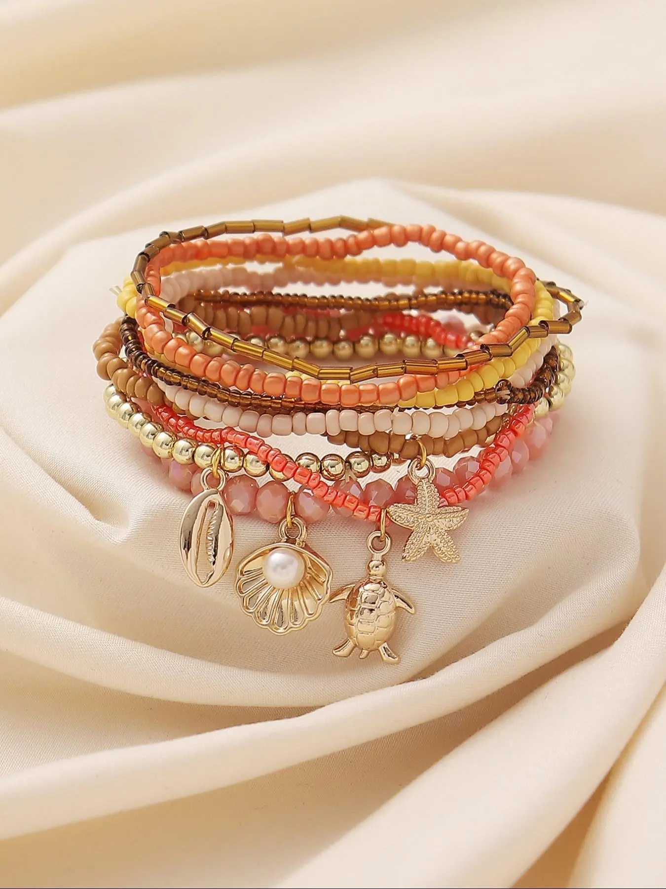 Boho Style Mermaid Tail & Starfish & Turtle & Shell Design Beaded Bracelet, Bead Bracelets, Bohemian Bracelets, Fashionable Jewelry for Women & Girls, Trendy All-match & Exquisite Jewelry for Birthday Gift, Aesthetic Jewelry Gift