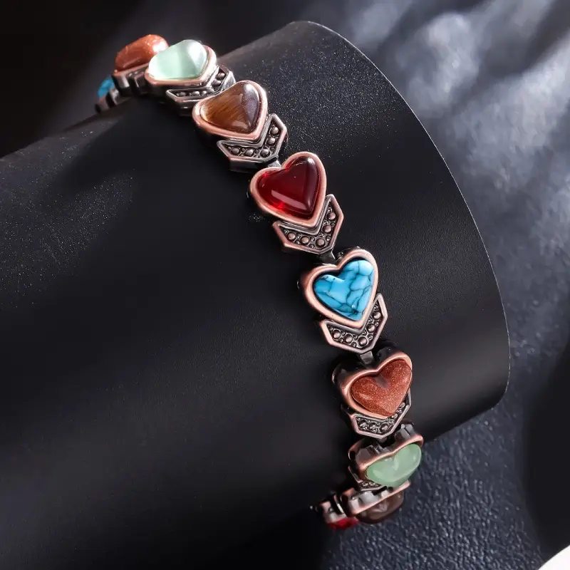 Copper Magnetic Bracelet Set for Women, Romantic Heart-Shaped Design with Natural Stone Beads, Hypoallergenic Anniversary Gifts for Mom, Beaded Bracelet Set, Romantic Bracelet Set