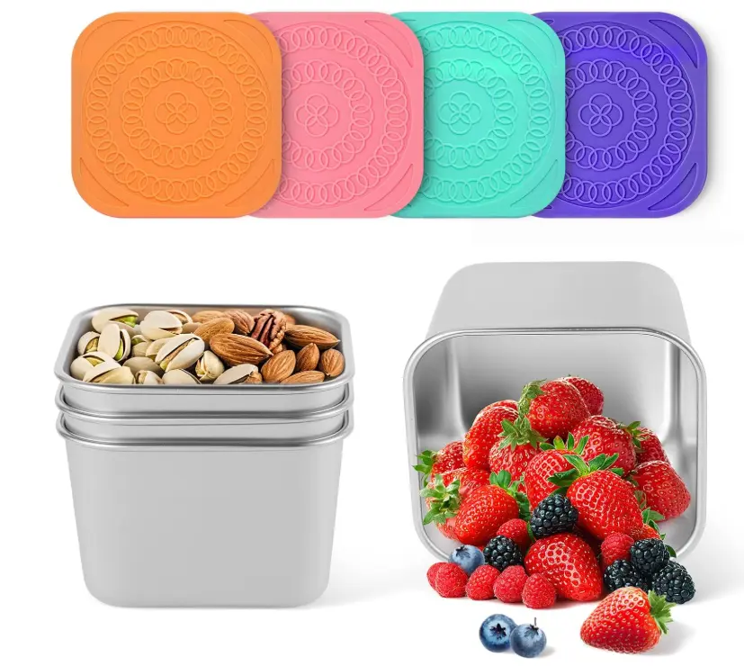 Reusable Stainless Steel Snack Containers for Kids, Easy Open Leak Proof Metal Small Toddler Snack Containers with Silicone Lids, Stackable Metal