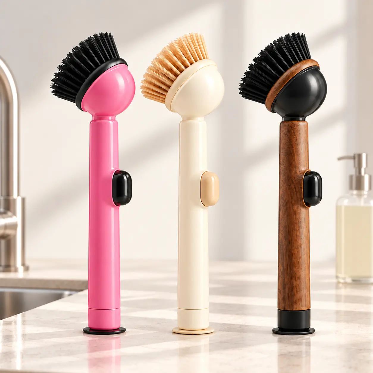 Multifunctional Durable Plastic Dish Cleaning Brush with Built-In Soap Dispenser, Detachable Removable & Washable Scrub Head, Refillable Handle, Suction Base for Pots, Pans, Kitchen Sink Use