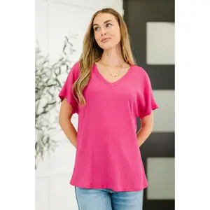 Women's Casual Style Polyester Textured V-Neck Blouse - Magenta Top