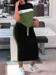 Women's Colorblock Print Two-piece Set, Casual Fashion Cozy Round Neck Tee & Skirt for Daily Outdoor Wear, Women Clothing for Spring Fall, Casual Matching Set