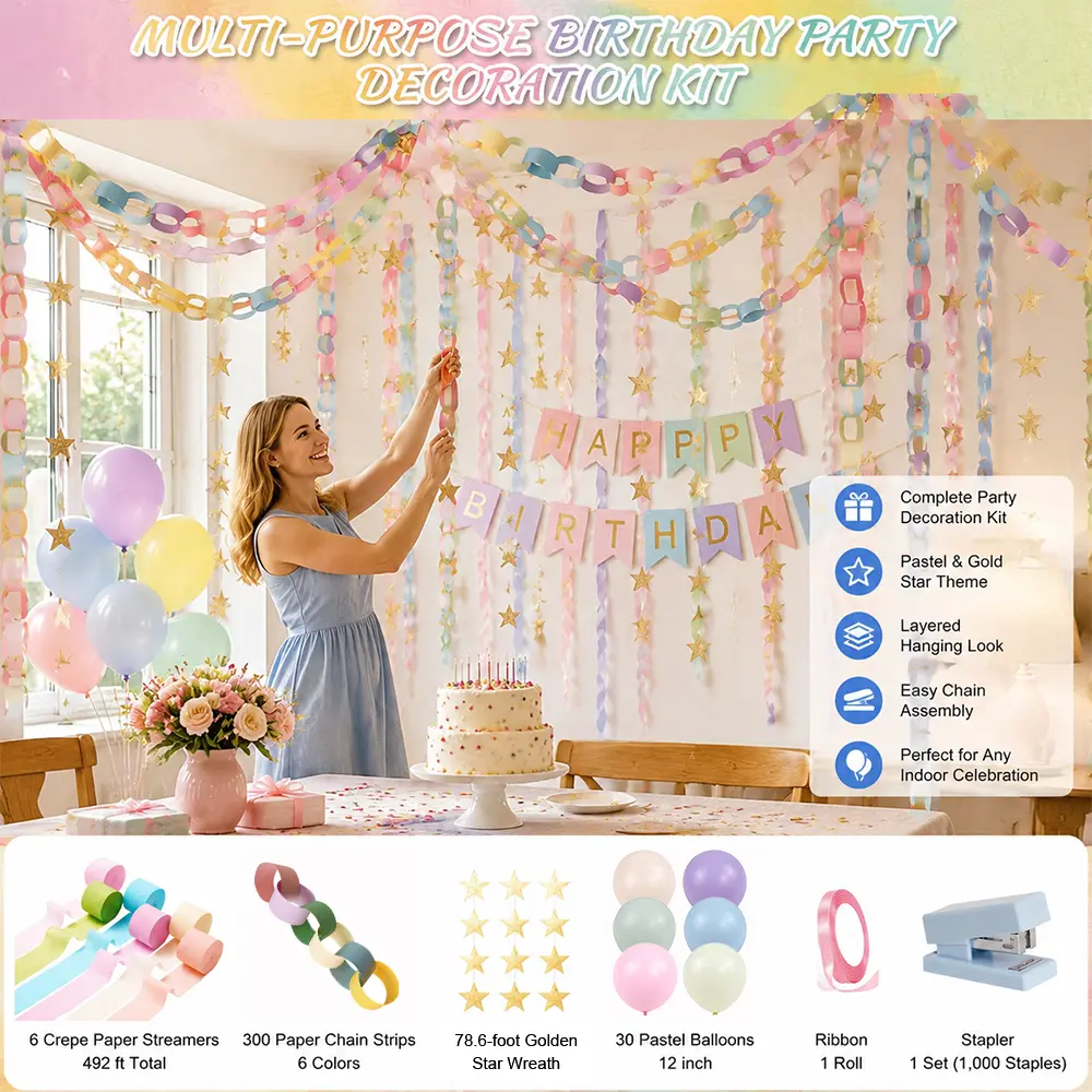 Complete Pastel Party Decorations Kit – 492ft Streamers, 300 Paper Chain Strips, Star Garland & 30 Balloons – Hanging Decor for Birthdays & Gender Reveals