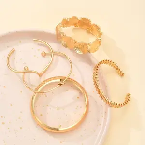 5 Piece Vintage Bold Geometric Wide Metal Bangle Set, Unique Daily Wear Gift for Women, Elegant Jewelry Accessory, Golden Tone Bracelet