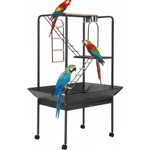 64'' H Inch Birdcage Stand Play Center with Perches and Ladders, Indoor Outdoor Playground for Birds, Bird Playstand w/Rotated Ring Removable Tray, Lockable Caster, for Macaw and Parakeet
