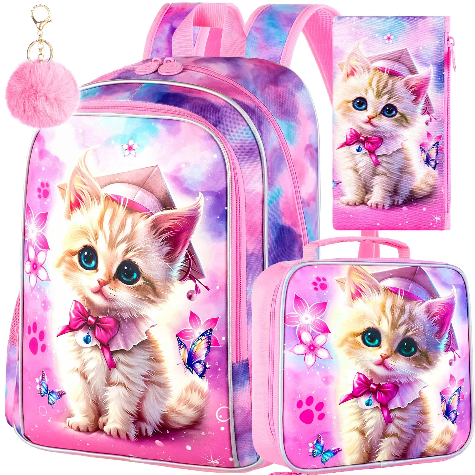 3PCS Backpacks for Girls, 16" Elementary Kids Cute Cat Backpack Preschool School Bookbags and Lunch Box