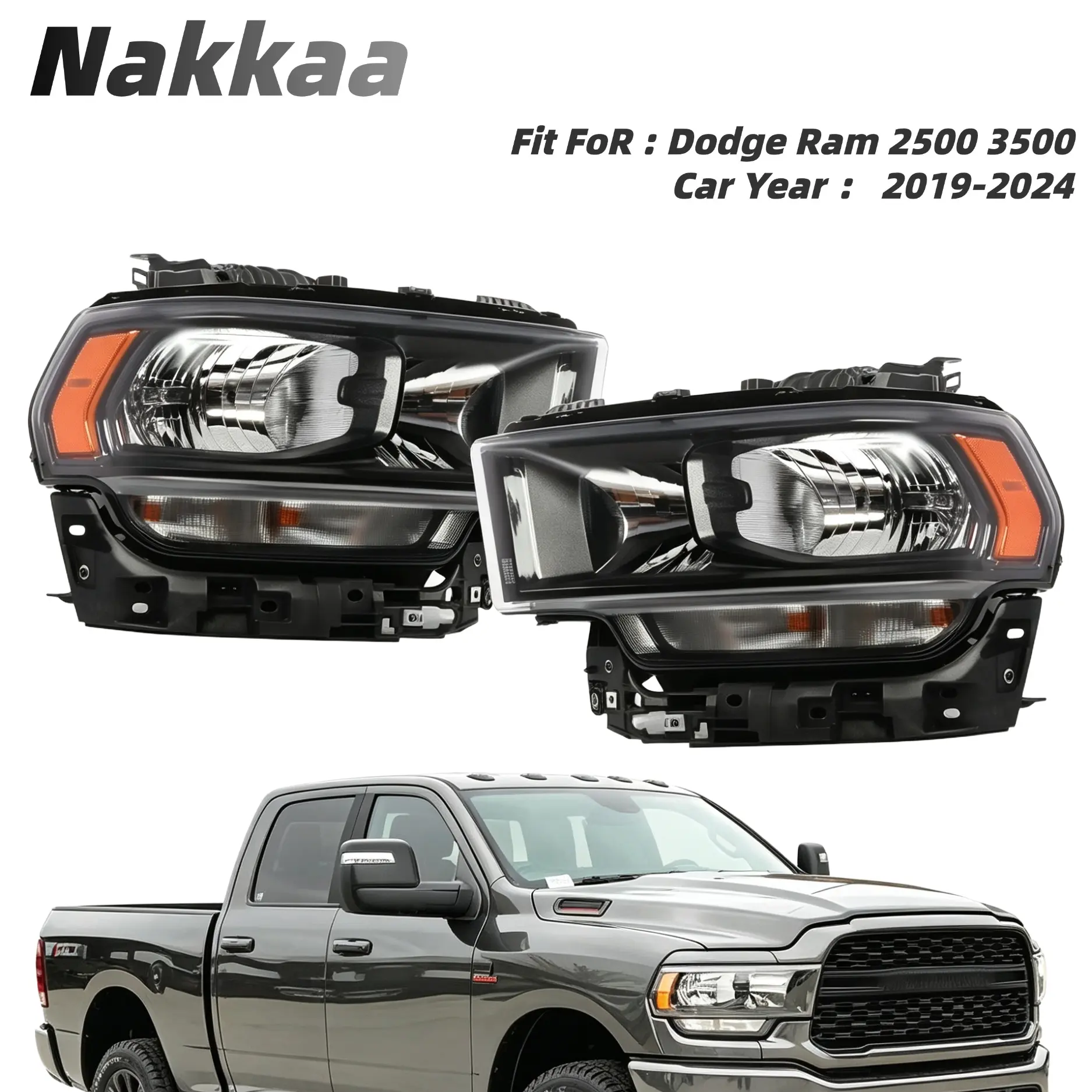 Nakkaa Direct Fit Halogen Headlights for 2019-2024 Dodge Ram 2500 3500 Ram Trucks, Polycarbonate Composite Chrome/Onyx Black Bezel, DOT Certified, Left & Right Headlamps
