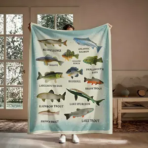 Freshwater Fish Species Flannel Throw Blanket, Soft Warm Fishing Chart Print Blanket, Cozy Blanket for Sofa Bed, Perfect Gift for Anglers & Fishing Lovers