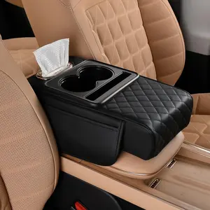 Center Console Cover, Leather Armrest Cover for , Universal Middle Console Cushion with Storage Box, Cup Holder, Tissue Box & Phone Slot, Luxury  Interior Accessories, Black