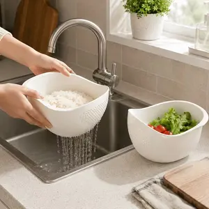 1PC Plastic Kitchen Rice Washing Bowl And Colander Set, Multifunctional Fruit And Vegetable Washing Storage Bins, Large Capacity Streamlined Design for Quick Drainage And Storage, Suitable for Rice/Washable Vegetables