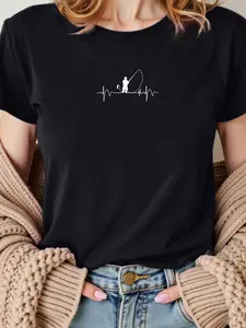 Fishing silhouette T-shirt - A black T-shirt with outdoor graphics designed for women - anglers, a gift for fishermen women - a comfortable cotton shirt for female fishing enthusiasts