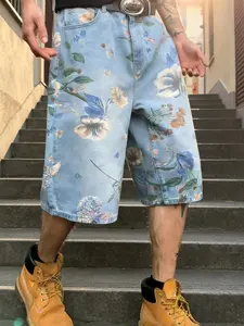 Vintage Tropical Hawaiian Floral Print Denim Shorts Men, Retro Washed Loose Wide Leg Jorts Five-Quarter Pants, Casual Summer Fashion