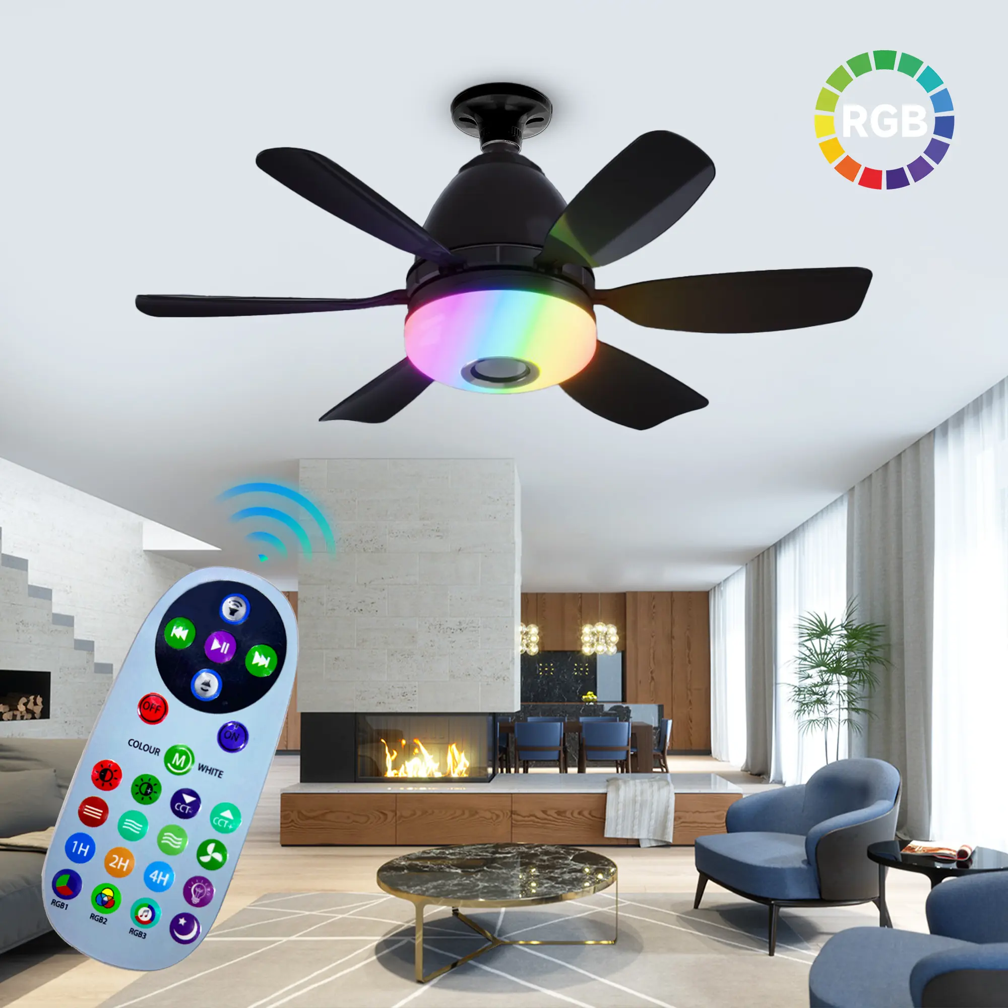 3-in-1 E26 LED RGB Ceiling Fan Bulb - Bluetooth Speaker, Remote Control, Quiet Color-Changing, 3 Wind Speeds, Easy Installation for Household Appliances