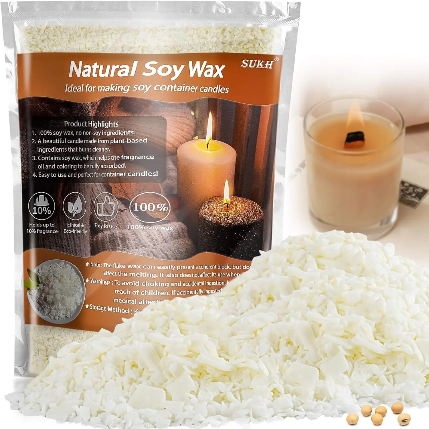 Sukh Soy Wax for Candle Making - Natural Soy Wax Flakes Pure Cera para Velas Candle Making No additives Supplies for Container,Cup,Scented,DIY