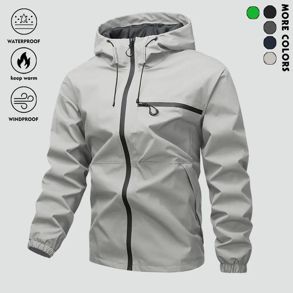 Men's Lightweight Hooded Jacket - Spring/Autumn Zip-Up Windbreaker, Black, Adjustable Drawstring, Polyester Fabric, Casual Outdoorwear Coats Menswear Waterproof Raincoat