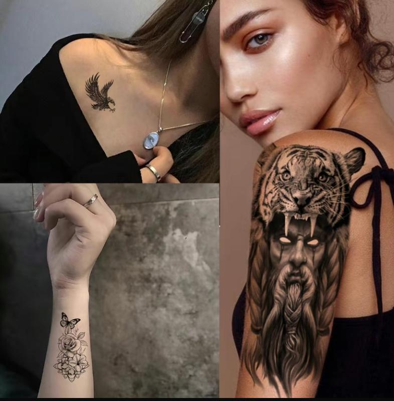 36 Sheets Large Half Arm Sleeve Temporary Tattoos For Men Women Forearm, Tribal Wolf Tiger Lion Owl Skull Temp Halloween Fake Tattoo Stickers Adults, Black Realistic Tattoo Flower Rose Animals