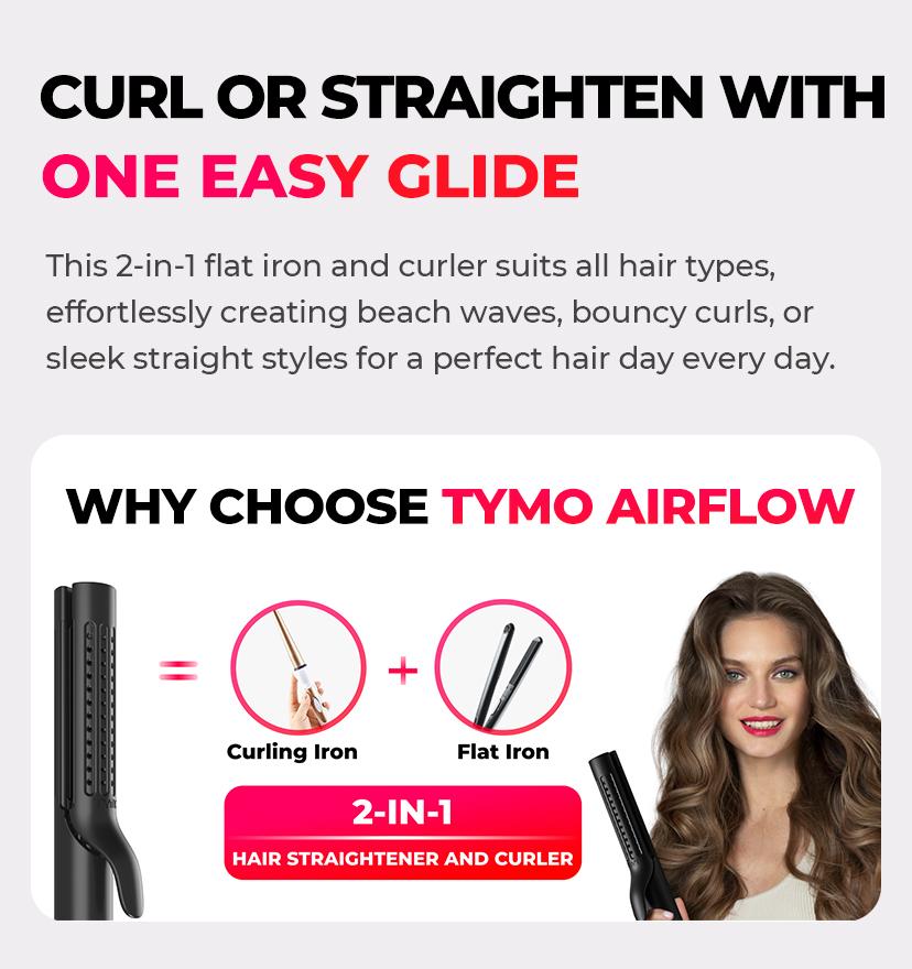 【Sleek & Curls Forever】 TYMO AIRFLOW + RING Holiday Gift Set Curling Iron & Hair Straightener Brush 2-in-1 Styler for Smooth Frizz-Free Results