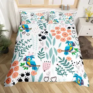 Kawaii Parrot Duvet Cover,Tropical Bird Parrot Cute Love Heart Leaf Flower Duvet Cover,Cartoon Animal Bed Set(No Comforter),No Comforter