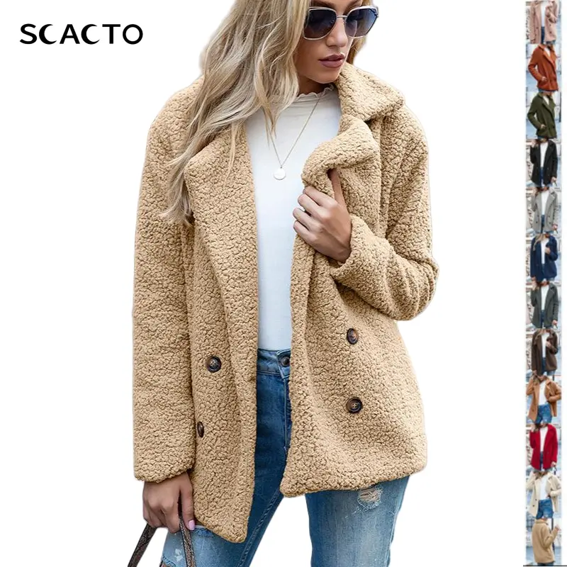 Scacto Women's Casual Fleece Jacket, Plain Collared Button-Down Shacket with Long Sleeves and Pockets, Fabric