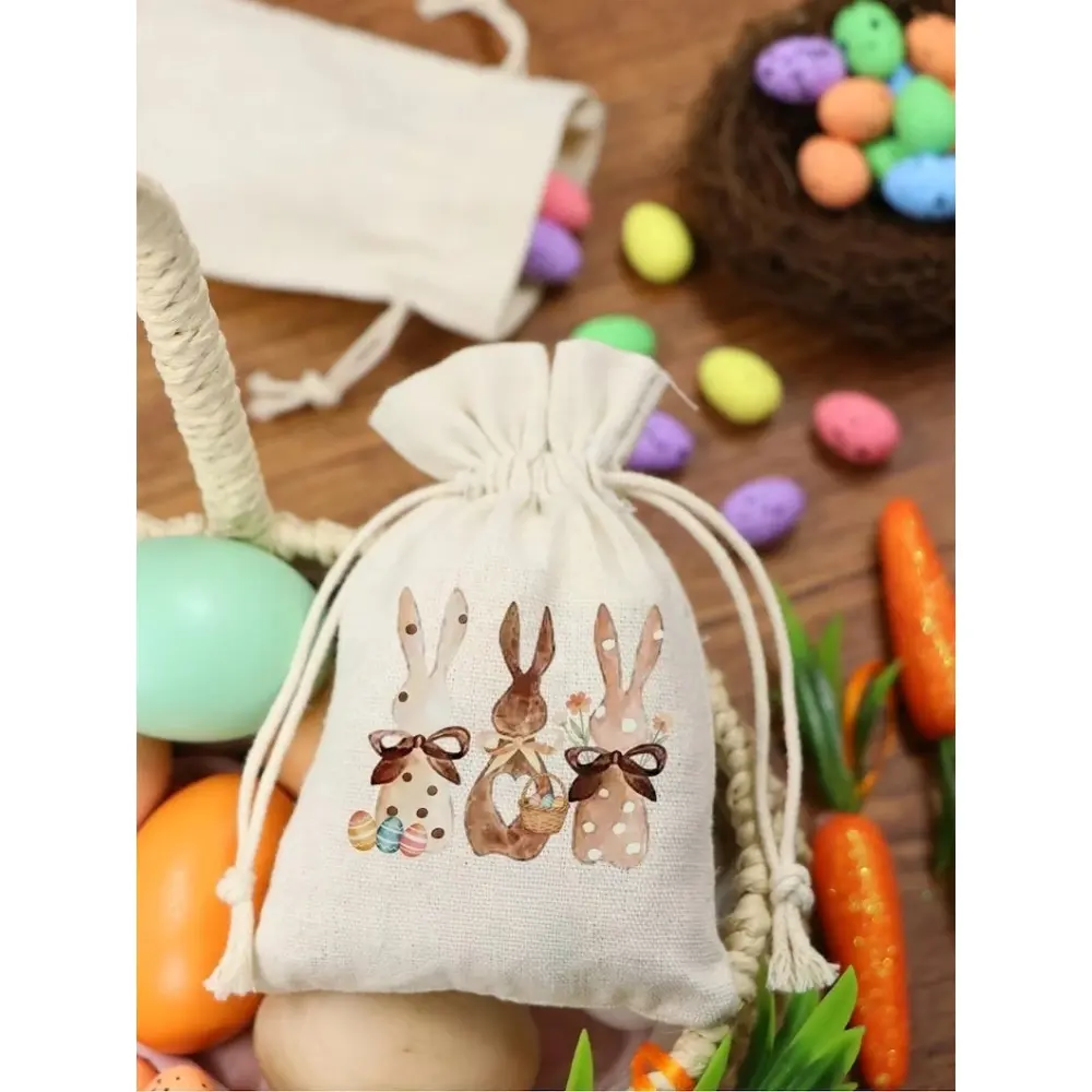 5-piece set, 4x6 inch drawstring bags, Easter bunny design, durable, festive Easter treat bags, holiday gift pouches, egg hunt baskets, basket fillers, party favors, Party Favor Packs