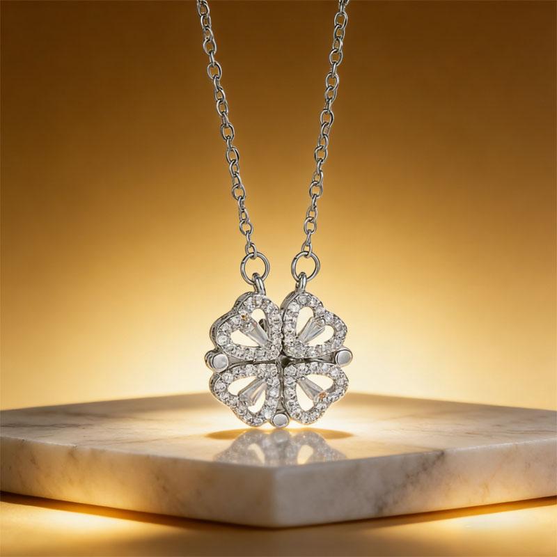 2-in-1 Foldable Four-Leaf Clover Heart CZ Necklace - Stainless Steel 24cm Chain Magnetic Heart Pendant Necklace for Women