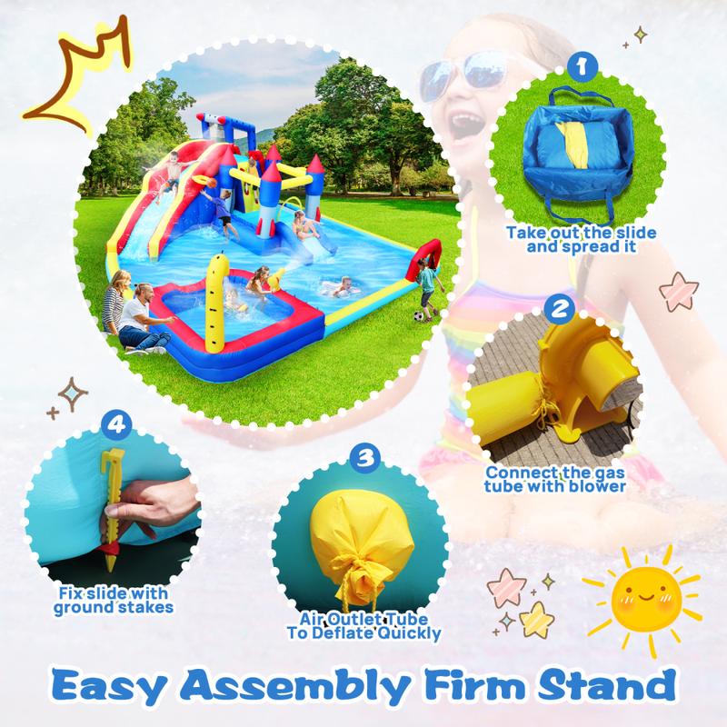 Bounce House Waterslide for Kids & Adults,Inflatable Bouncer Jumper Slide,Inflatable Party Pool Slide,10 in1 Inflatable Slide Water Park  Bouncing House Garden with Splash Pool & Water Gun & Basketball & Climbing Wall & Dual Pools & Soccer
