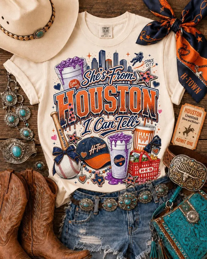 Houston T-shirt, She’s From Houston I Can Tell, H Town Cowgirl Rodeo Shirt Design, Space City Baseball Coquette Bow PNG
