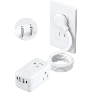 2 Prong Power Strip - 2 Prong to 3 Prong Outlet Adapter, 20W USB C Flat Plug Power Strip, 10FT Ultra Flat Extension Cord, 1250W, 3 Outlets & 4 USB, Wall Mount, 3-Side Design, Ideal for Old House