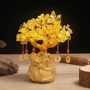 Crystal Bonsai Citrine Tree Money Tree Feng Shui Decoration Blessing Bag Potted Plant (Golden Yellow)