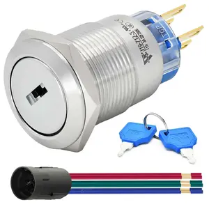 UL Listed 3 Position 19mm Key Switch DPDT Rotary Switch, 304-Stainless Steel, with Keys 5 Amp 5V-250V Latching Keylock Left Open, Middle Close, Right Open