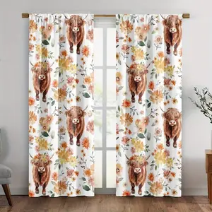 Floral & Highland Cow Pattern Half-Blackout Curtains Set, 100% Polyester Insulated Rod Pocket, Modern Home Decor