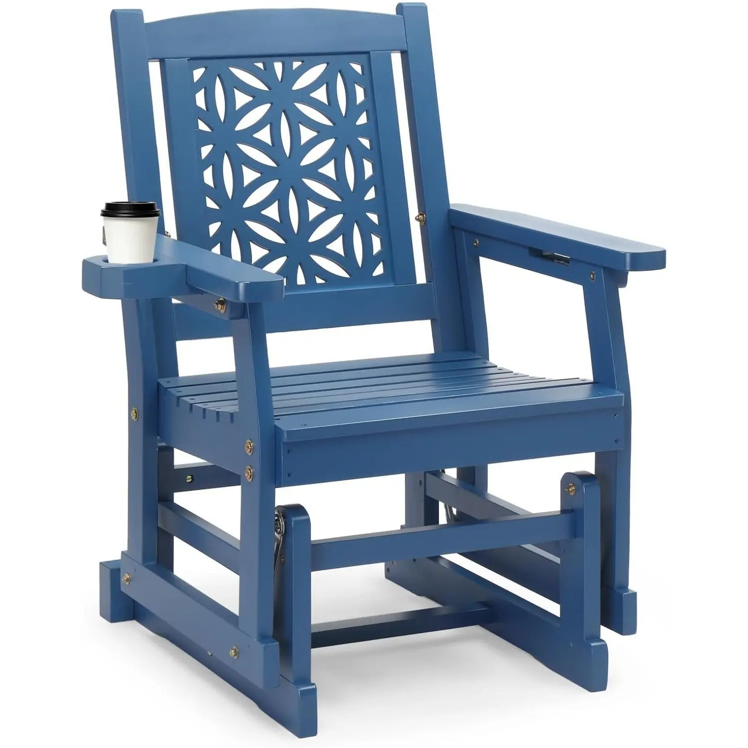 Karlhome Fir Wood Outdoor Glider with Floral Backrest, Wooden Patio Gliding Bench with Cup Holders, Smooth Rocking Chair for Garden, Yard & Porch