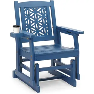 Karlhome Fir Wood Outdoor Glider with Floral Backrest, Wooden Patio Gliding Bench with Cup Holders, Smooth Rocking Chair for Garden, Yard & Porch