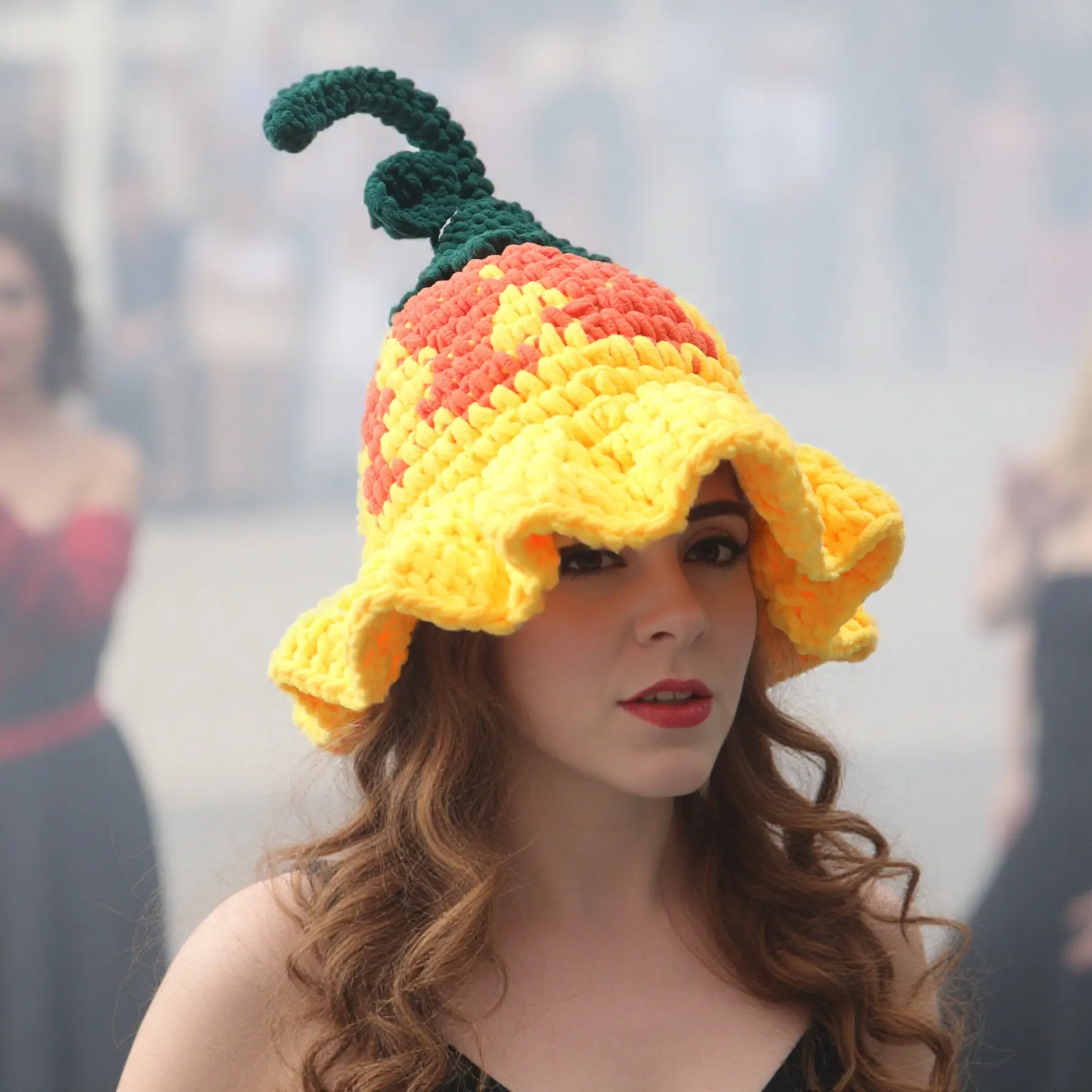 Halloween Funny Pumpkin Flower Hat New Cute Handmade Knitted Hat Autumn Winter Fleece-Lined Thickened Warm Crochet Hat