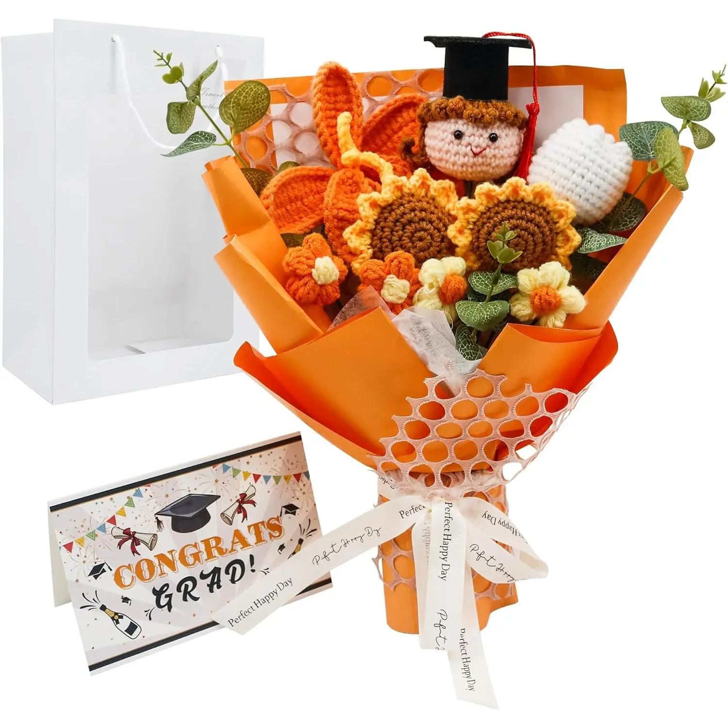 GraduationMall 2026 Handmade Crochet Orange Sunflower Graduation Flower Bouquet Set with Greeting Card, Gift Bag, Photo Prop, Festive Decor (Home & Party Supplies)