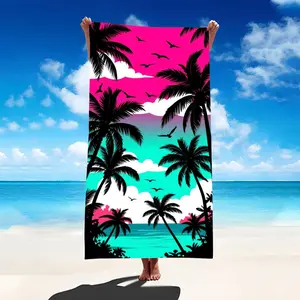 Tropical Palm Tree Beach Towel with Pink And Turquoise Sky Design for Summer Vacation And Pool Party
