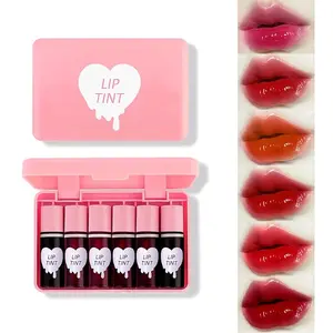 6 Colors Lip Tint Stain Set, Korean Lip Gloss Lip Tint Stain Plumping Mini Liquid Lipstick, Multi-use Lip and Cheek Tint, Long lasting Non-Stick Cup Waterproof, High Pigment, Vivid Color