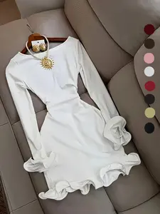 Elegant Aesthetic Women's Tight-Fitting Fitted Long Sleeve Dress with Pleated Sleeves, Backless Bow Tie Design, Plain Style, All Seasons Wear, Single Piece