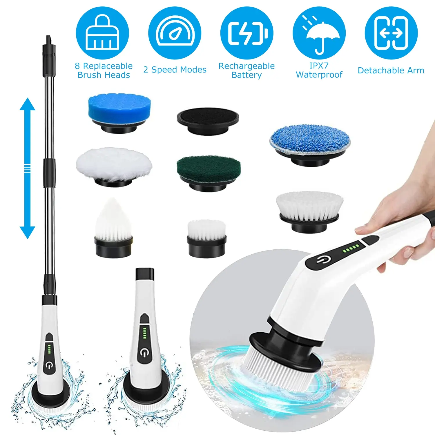 Electric Spin Scrubber Cordless Rechargeable Telescopic 8 Heads Bathroom Tile Floor