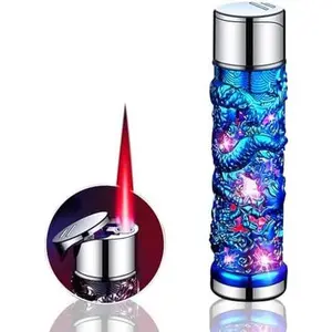 Shiny Dragon Lighter, Butane Soft, Windproof, Red, Refillable Butane Lighter (No Gas) (Blue)