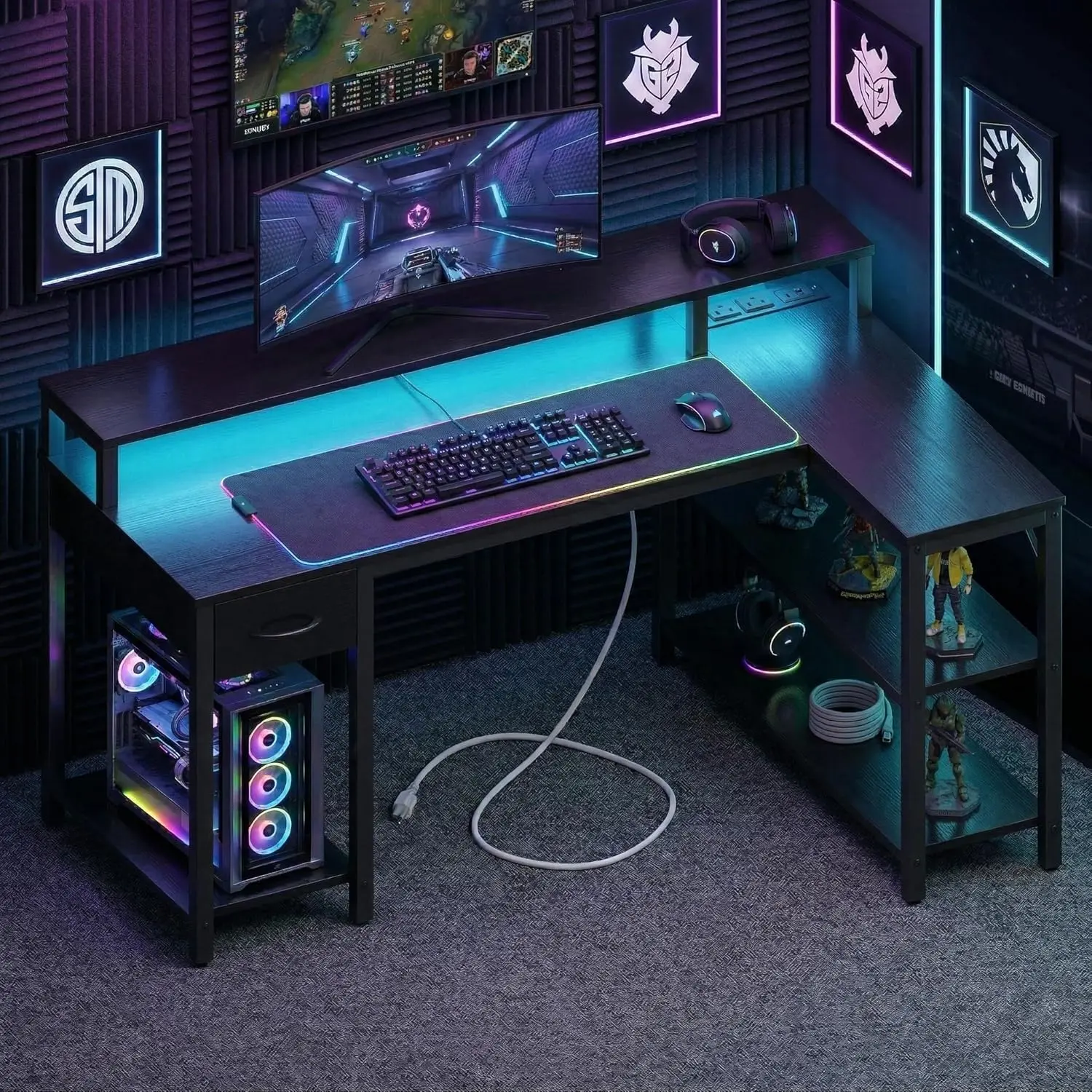47-inch gaming table with USB charging port and LED light, reversible L-shaped table with power socket and monitor stand