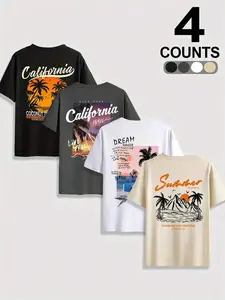 Men's Casual Fitted Short Sleeve T-Shirt Set, Hawaiian Summer Print, 4-Piece, Comfortable Fit, Suitable for Multiple Occasions, Streetwear
